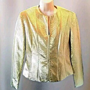 Vintage Farinae Collections Blazer Size 8 Metallic Gold Pleated Full Zip Formal